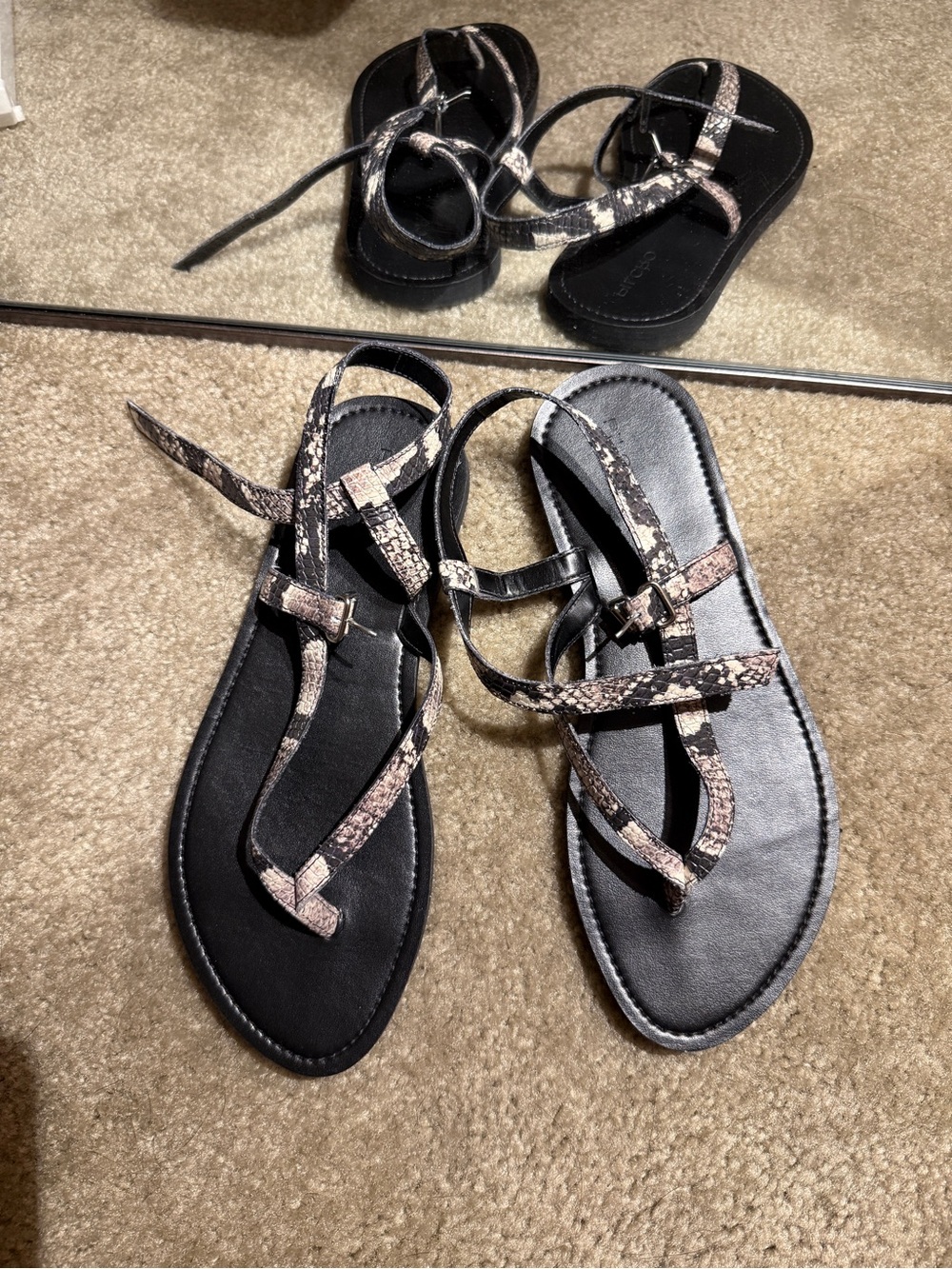 Pilcro Snake-Print Strappy Flat Sandals in Black and Beige